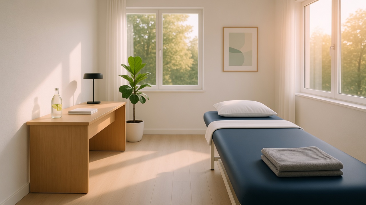 A quiet white treatment room with afternoon light