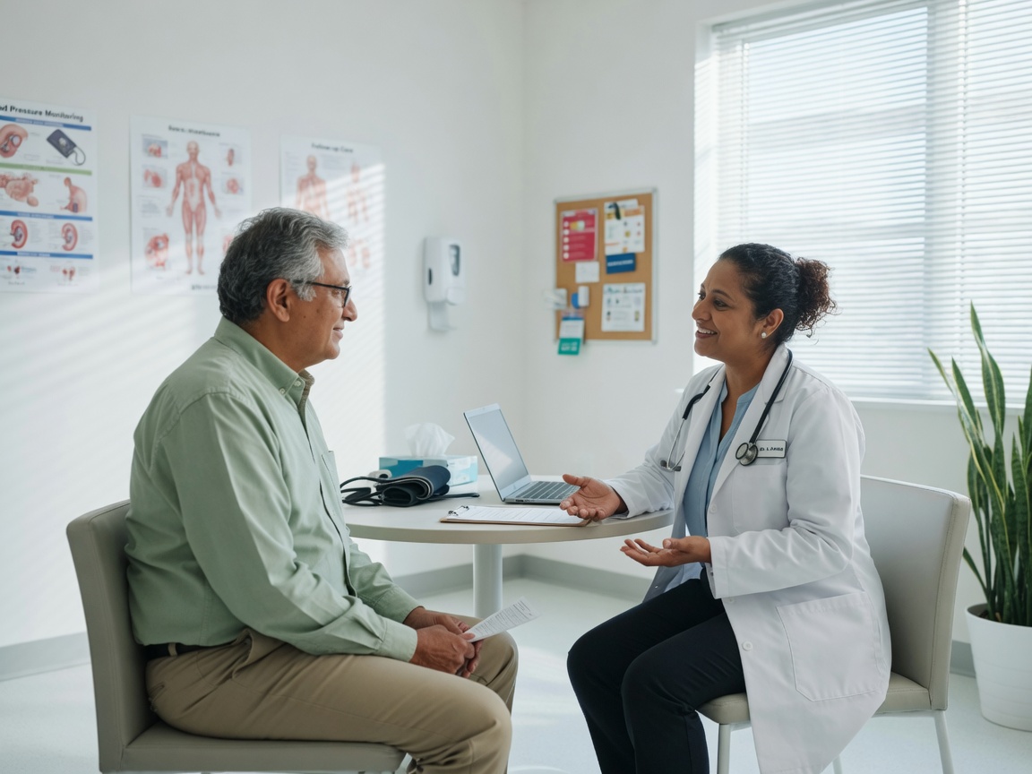 Clinician speaking with a patient in a bright clinic
