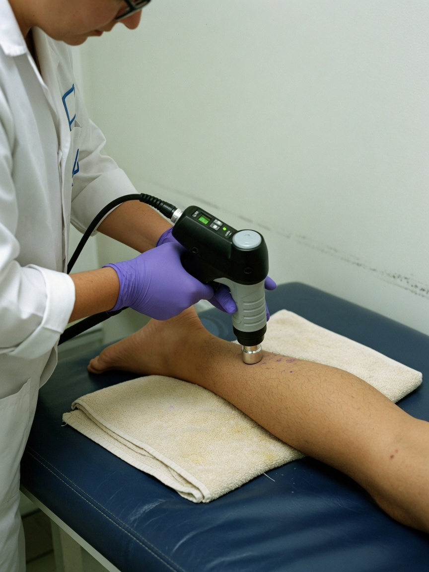 Clinician using a handheld therapy device on a patient’s lower leg